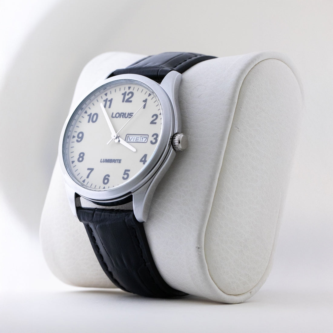 Mens Lorus Steel/Black Leather. Fluro Dial.